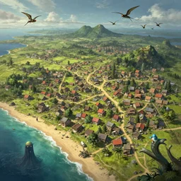 Detailed overhead Photorealistic Map of very small poor village in magical world, dragon flies above, cthulhu emerges from the nearby beach, Greg Rutkowski, trending on Artstation
