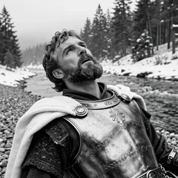 1 9 6 0 s movie still close up of marcus aurelius with a steel breast - plate with a white cape frozen dying under the snow by the side of a river with gravel, pine forests, cinestill 8 0 0 t 3 5 mm b & w, high quality, heavy grain, high detail, texture, dramatic light, anamorphic, hyperrealistic, detailed hair, foggy