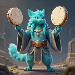 cyan spirit axie pet holds shaman tambourine like shaman, shamanic ritual, fantasy, style artstation, style greg rutkowsk, octane render, unreal engine 6, epic game graphics, fantasy, conceptual art, ray tracing