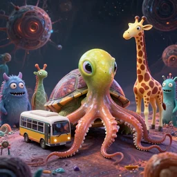 a strange bird turtle octopus giraffe chimera creature waiting for the bus with other monsters, on an alien planet, platonic forms, in the style of shaun tan and sam shearon and dr seuss, close up, glossy, beautiful, fantastic, wonderful, science fiction, dramatic lighting, high contrast, fractal background, 3 d sculpture 8 k octane render