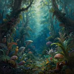 An epic tropical underwater forest jungle, exotic flora, alien fauna, by Wayne Barlowe, by Bruce Pennington, by Paul Lehr, masterpiece, oil on canvas, trending on artstation, top on pixiv, cinematic composition, dramatic scene, beautiful aesthetic lighting, artgem, concept art, sharp, high details, hyper-detailed, astrophotography, no frames, 8K