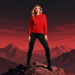 kate upton standing on top of the mountain, wearing sweater, digital art, red and black color palette, by wlop