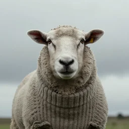 portrait photo of a sheep wearing a sweater, grey sky, taken by Nikon, movie still,