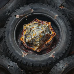 oil painting of decagon pressed mollusk in torn & shredded tire pile baked at 4 5 0 f, claustrophobic, hyper detailed, terrifying horror book jacket illustration 6 0 0 f by wayne d barlowe, h r giger