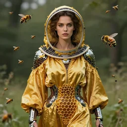fantasy beekeeper, stunning woman, wearing nanotech honeycomb robe, silky, surrounded by bees, cinematic, greg rutkowski, peter mohrbacher