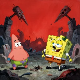 zdzisław beksinski, horrific, spongebob squarepants with patrick, massacre, red sky