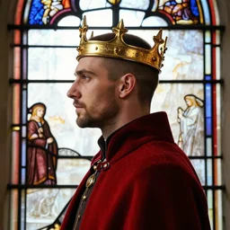 side - view portrait of a man wearing a golden crown, buzzcut, stubble, red coat, medieval stained glass window, masterful, backlit