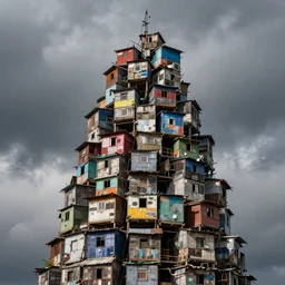 close - up view of a tower made up of makeshift squatter shacks with faded colours, moody cloudy sky, uneven fog, dystopia, mamiya, fully frontal view, very detailed, photographed by bruno barbey