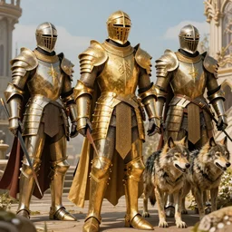First frame, knights in golden armor + second frame, werewolves + gold+ fantasy + highly detailed, epic composition, daylight, vivid