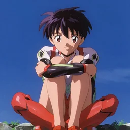 From evangelion, Kaworu hugging Shinji from the back with the red sunshine shining on their legs in front, 4k,