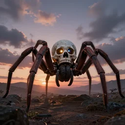 giant skull spider house with bright glowing eyes at dusk, pc boxart