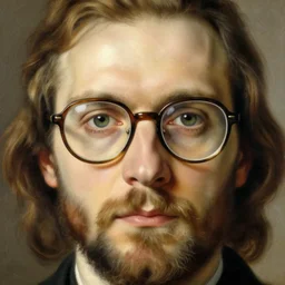 portrait of a man with big glasses, realistic eyes, symmetric face, beautiful bone structure, beard, dark blonde long hair, painting by gaston bussiere