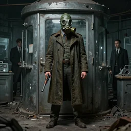 UHD hyperrealistic photorealistic detailed image of a man in a longcoat and gas mask wielding an old Soviet-made pistol from the Stalker video game series standing in front of an laboratory door, in a ruined and dark underground lab  by Ayami Kojima Amano Karol Bak, Greg Hildebrandt and Mark Brooks