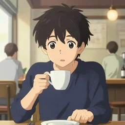 anime visual of a young man having coffee at a cafe interior, cute face by ilya kuvshinov, makoto shinkai, kyoani, masakazu katsura, dynamic pose, crisp and sharp, yoshinari yoh, rounded eyes, anime poster, cel shaded