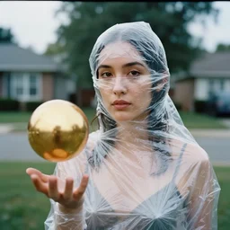 a closeup portrait of a woman wrapped in plastic, standing next to a levitating gold orb, in a suburb, color photograph, by vincent desiderio, canon eos c 3 0 0, ƒ 1. 8, 3 5 mm, 8 k, medium - format print