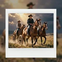 Western, people on horses with wheels instead of legs, polaroid, bokeh