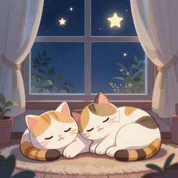 two cute multi - colored calico cats sleeping inside a cozy home in the evening, stars shining in the night sky through the window,, artstation, cgsociety, storybook art