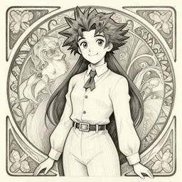 maya fey from ace attorney, simple outfit, cheerful expression, intricate pencil illustration by krenz cushart, alphonse mucha, artgerm, trending on artstation