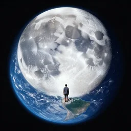 a giant man larger than the moon, looking from above down at the earth