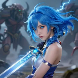 the beautiful girl's blue hair dances with electricity, her sword a blade made of light, her blue eyes gazed upon the horde of monster in front of her fearlessly, with the elegance of a true knight, digital art