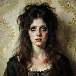 a baroque painting of a beautiful but creepy girl in layers of fear, with haunted eyes and dark hair piled on her head, 1 9 7 0 s, seventies, wallpaper, a little blood, morning light showing injuries, delicate embellishments, painterly, offset printing technique, by brom, moebius, robert henri, walter popp