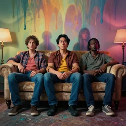 LSD dream, one mexican man, one asian man, one white man, one black man, sitting on couch, melting atmosphere, 4k