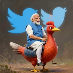 A painting of indian prime minister Narendra Modi riding Twitter bird, hyperrealistic, octane render,
