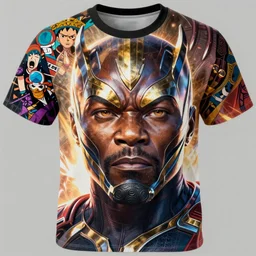 a t shirt all over print, marvel comics close up face shot, portrait of black panther, tribal, claws background, one piece art style, cartoon, anime, digital art