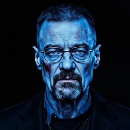 zombie walter white, in the style of beksinski, blue, black, vibrant, chiaroscuro, high detail, perfect artwork, clean lines