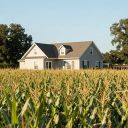 A house in a field of corn. Medium shot angle.