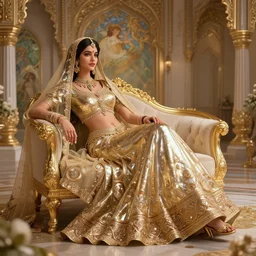 an indian princess relaxing in her palace, shiny, fantasy, intricate, elegant, hyper detailed, ultra definition, photoreal, artstation, unreal engine rendered, concept art, smooth, sharp focus, illustration, art by artgerm and greg rutkowski and alphonse mucha and garis edelweiss