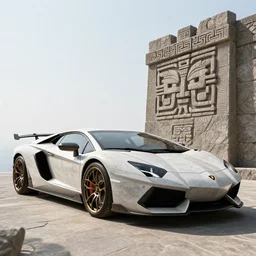 lamborgini made of stone, inka style, hyper - realistic, very detailed, ray tracing, 8 k resolution, long - shot, sharp focus, low angle, 8 5 mm photograph, wide lens - n 8