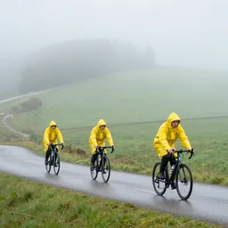 landscape in the mist, bike riders wearing yellow raincoats, octane,
