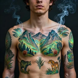a young man has beautiful glowing tattoos on his chest and shoulders of different mountain animals, plants, and landscapes by antoni gaudi and ida rentoul outhwaite, style of smoke