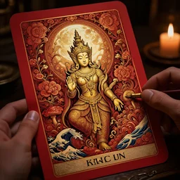 masterpiece dark red paper with intricate designs, tarot card, a mandelbulb fractal southeast asian diety statue, full of golden layers, flowers, clouds, vines, mushrooms, swirls, curls, wave by Hokusai and Mike Mignola, trending on artstation, elaborate illustration,  beautiful hands close to a candle in dark room,  cinematic, powerful, moon beams dramatic light, highly, intricate  elements, detailed, digital painting, artstation, concept art, sharp focus, illustration, art by artgerm