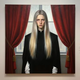 museum painting, wide - shot, pale beautiful young male man, mouse greyish very light brown hair, straight!! long blonde hair, shoulder - length!! white hair, black clothes, white clothes, gloves, background is the rich!!! curtain!!! on a window, sharp focus, highly detailed, digital art, matte painting, masterpiece, artgerm, rutkowski