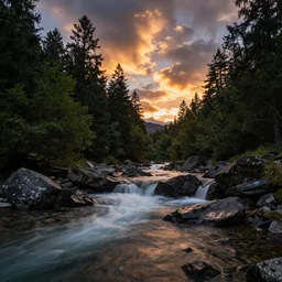 landscape photography by marc adamus, a fell stream, long exposure, sunset, dramatic lighting, forest, clouds, beautiful