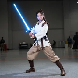 nayeon cosplaying a jedi at dragoncon, glowing lightsaber, wide angle, flash photography, full resolution, 3 5 mm, f / 2. 8