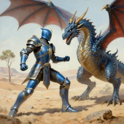 blue knight with gold accents fighting dragon by plutus su, desert with small trees and shrubs, painting, detailed, realistic, complimentary colors, light, by richard doyle, by robert hagan, by tim hildebrandt, artstation, cinematic, dramatic lighting, close up, wide angle, intricate design