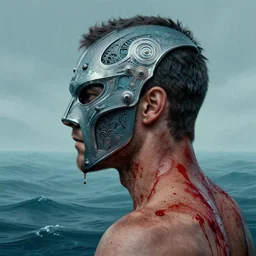 a portrait of a back man with side profile blood in ocean intricate details :: side profile :: futuristic mask ::  by vikings and Sandra Chevrier