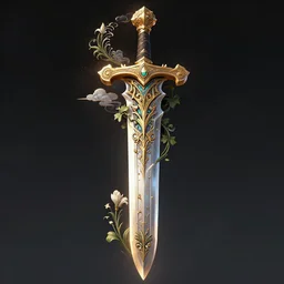 beautiful fantasy giant sword carved with decorative ornament, acanthus scrolls, lilies, ivy, energy, geometry, bones, petals, stems, ceremonial clouds, dripping paint, fibonacci rhythm, artstation, artgerm, wlop, symmetric ornaments, v 9 9 9