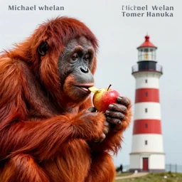 travel poster artwork by michael whelan and tomer hanuka, rendering of red orangutan eating lighthouse as apple, high contrast, full of details, by makoto shinkai and thomas kinkade, matte painting, trending on artstation and unreal engine