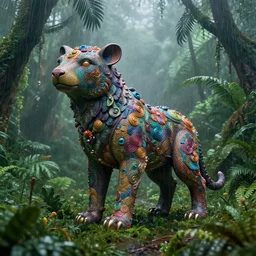animal creature in lush jungle, raining, foggy, moody, : : by jeff koons, dan mcpharlin daniel merrian : : ornate, dynamic, particulate, rich colors, intricate, elegant, highly detailed, centered, artstation, smooth, sharp focus, octane render, 3 d