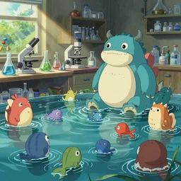 scientific lab to create cute lake monsters and water creatures, natural lighting, playful color scheme, intricate details, matte painting, illustration, by hayao miyazaki