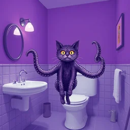 purple color theme, welcome to night vale, bathroom, cat has spiny ridges tentacles, multiple tails is floating above ground