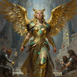 An oil painting of the Valkyrie viking goddess of anger, very aesthetic, detailed face, golden wings, by Frank Frazetta, Greg Rutkowski, Boris Vallejo, Neal Hanson, Christian MacNevin, epic fantasy character art, goddess of war, teal-neon viking runes, detailed armor, high fantasy, full length, exquisite detail, post-processing, low angle, masterpiece, cinematic, odin's stone arena background