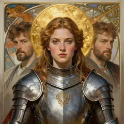 masterpiece head-on symmetrical centered painted portrait, Elisha Cuthbert as a warrior paladin, golden halo, wearing full metal armour, by Edgar Maxence, by Ross Tran, by Zdzisław Beksiński, by Michael Whelan, by Mucha, 8k, octane render
