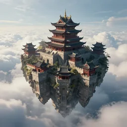 ancient chinese castle floating in the clouds ☁ 🏰, panoramic view, style artstation, style greg rutkowsk, octane render, unreal engine 6, epic game graphics, fantasy, cyberpunk, conceptual art, ray tracing