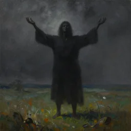 he holds a burden of darkness above him, but beneath his feet is a land of peace | epic painting by craig mullins