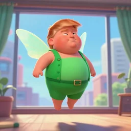 fat little ginger donald trump, wearing green clothes, floating in air in a room, fairy wings, loseup, modern city through window, concept art, artstation, disney, pixar, dreamworks, anime, tyler edlin, feng zhu, jparked, thomas karpi